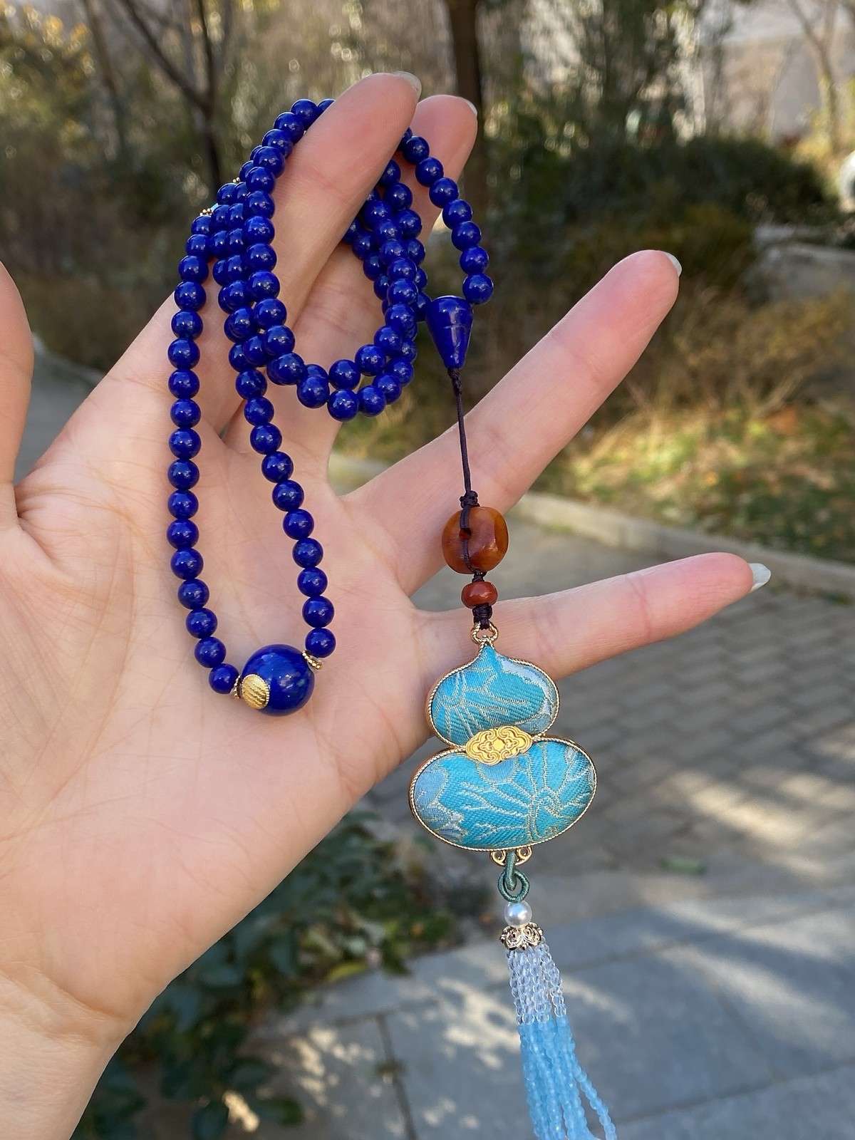 Ethnic Lapis Lazuli 108 Mala Gourd Pendant Meditation Long Necklace Gift