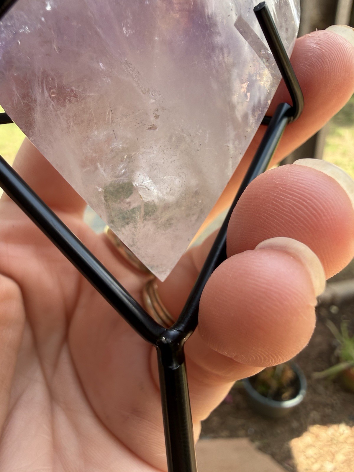 6 1/2in. High Grade Quality Phantom Amethyst Quartz Flame Drop Crystal On Stand