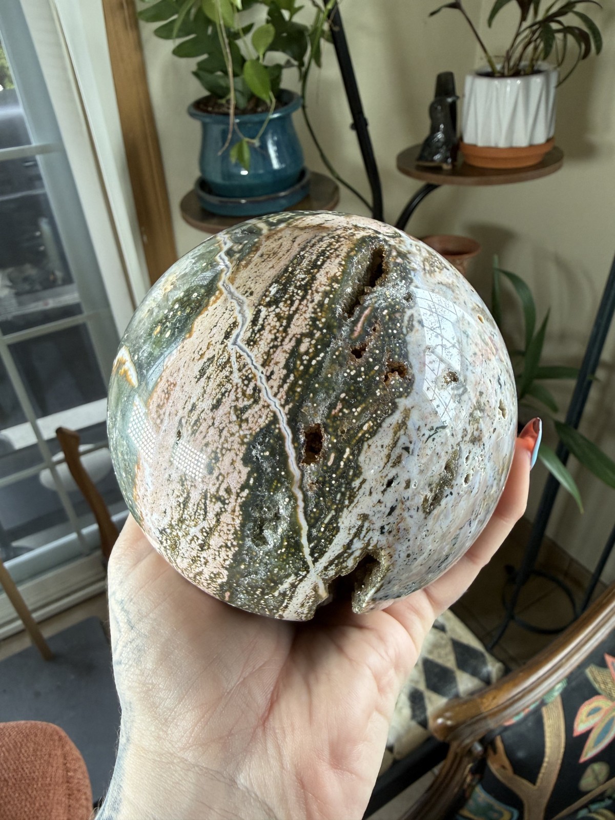 8th Vein Ocean Jasper Sphere – Druzy Pockets – Green, Pink, White – 3.69lbs