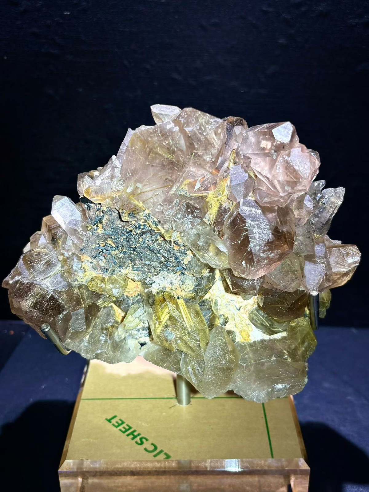 4.88LB Top！Natural Gold Rutilated Crystal Cluster Quartz Mineral Specimen+stand