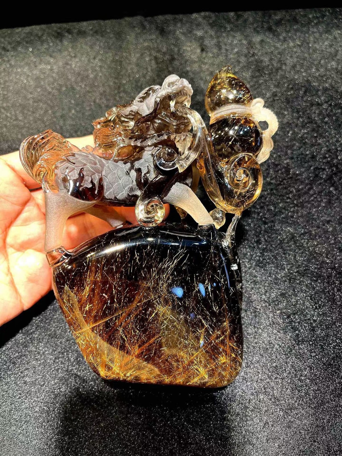 2.46LB Natural Rutile Quartz Hair Crystals Carved Chinese Dragon Skull + Stand