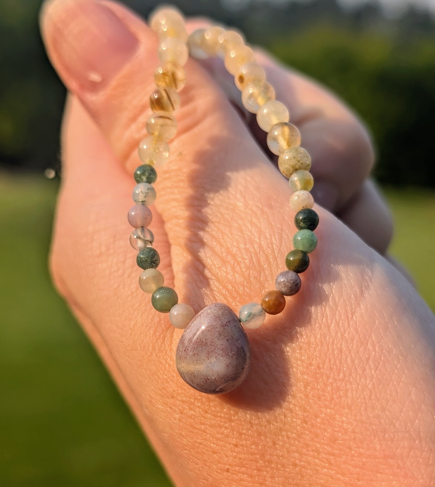 Golden Rutile Necklace 17″ 4mm beads with OJ Teardrop Pendant Gemstone