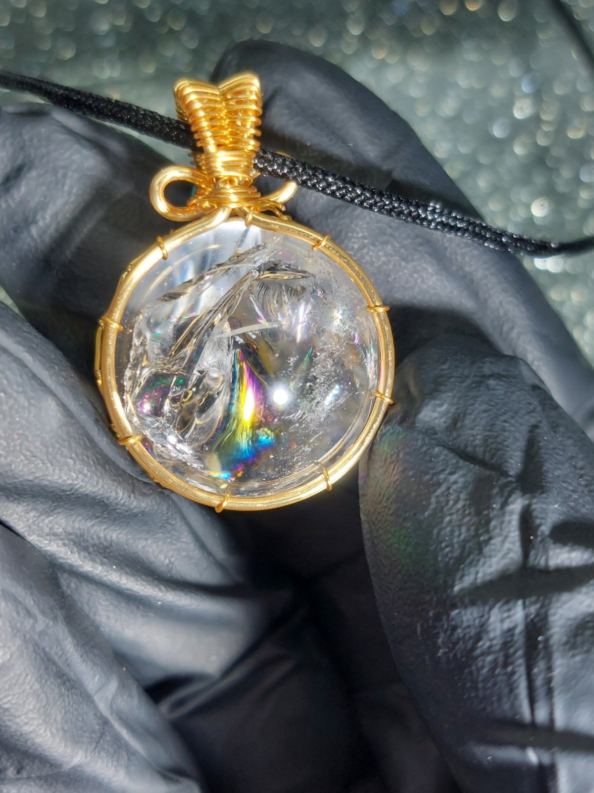 Clear Quartz Sphere Necklace 21mm Gold Wire Wrap – Rainbow High Quality