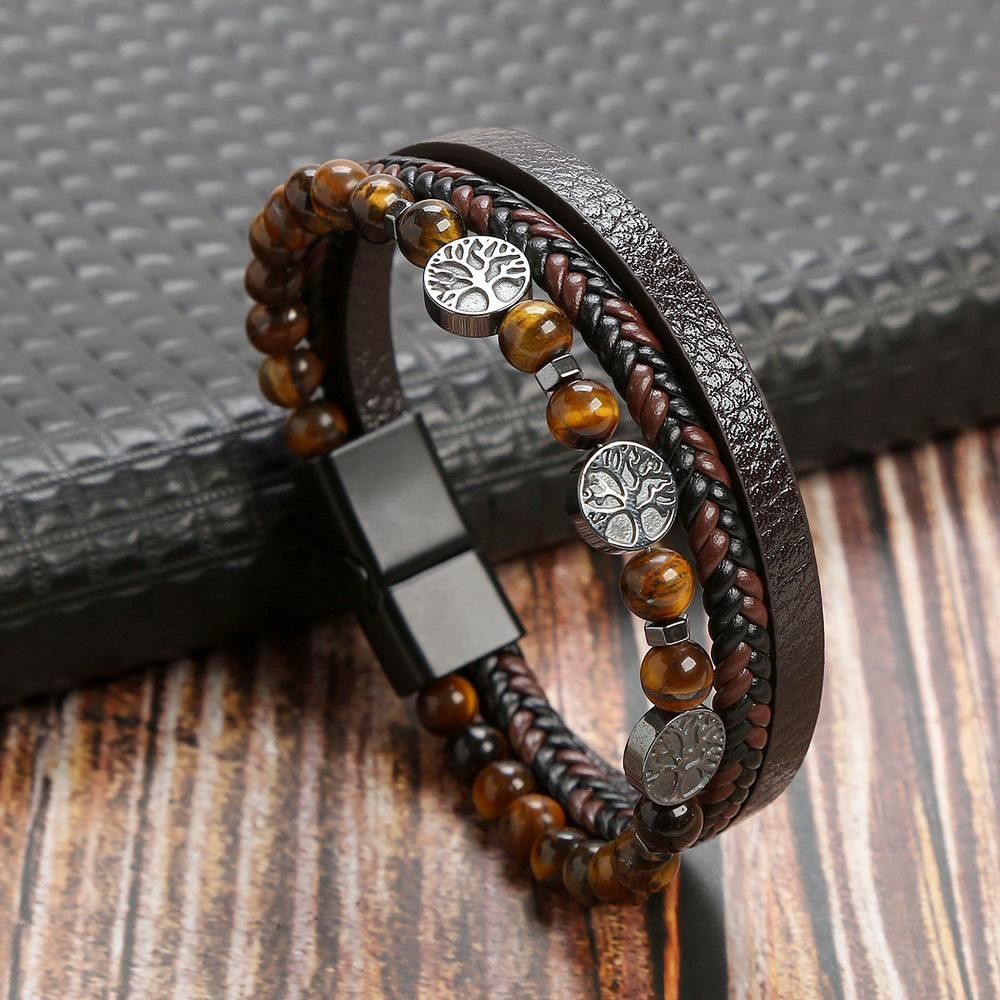 Men’s Classic Tiger Eye Beaded Leather Bracelet Multi Layer Elegant Jewelry Gift