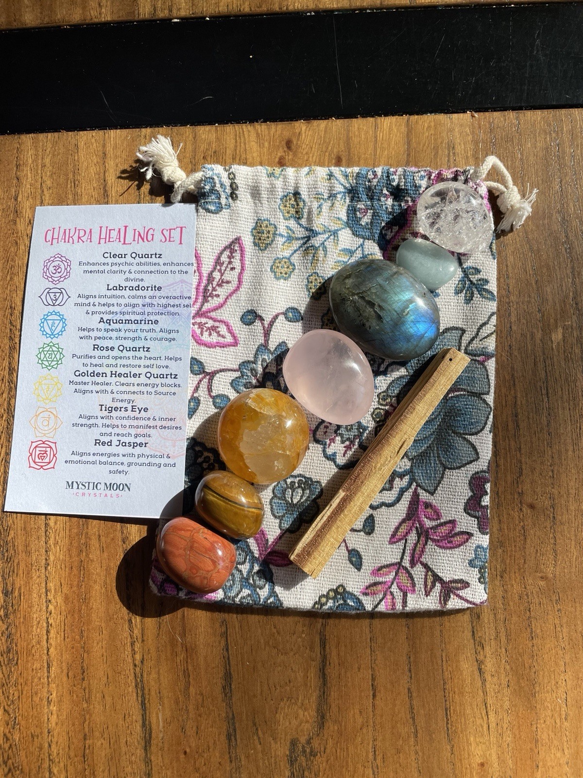 Chakra Healing Set with 7 Tumbled Stones and Carry Pouch & Palo santo