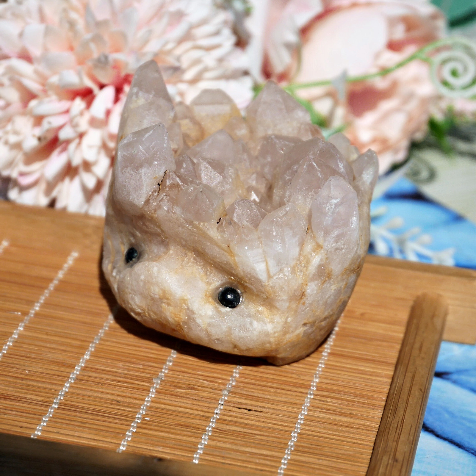 Clear Quartz Crystal Cluster 2.3″ Carved Animal Smiley Face Raw Base Desk Decor