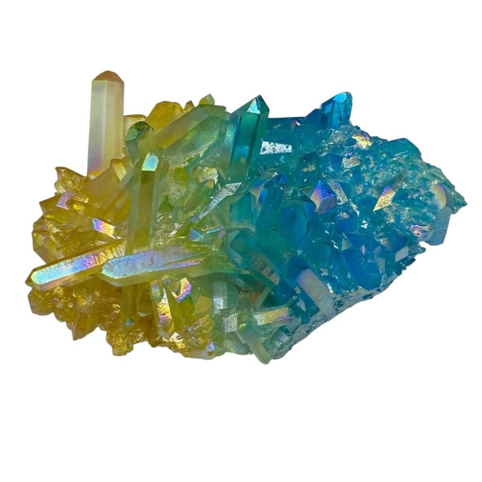 Aura Quartz Crystal Cluster Yellow Blue Clear Iridescent Stone Display Gift