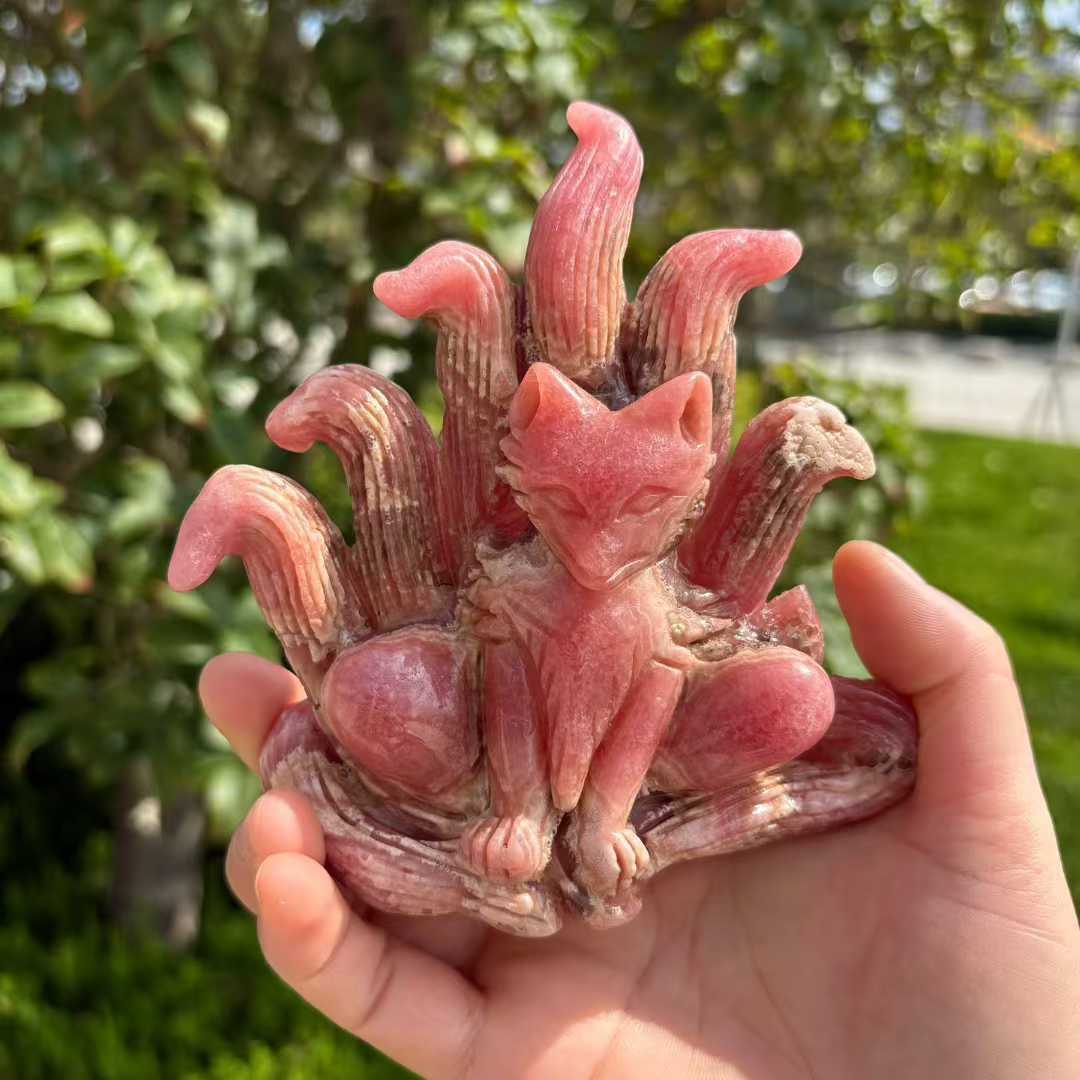 449g Natural Rhodochrosite Quartz Carved Nine-tailed fox Skull Crystal Reiki