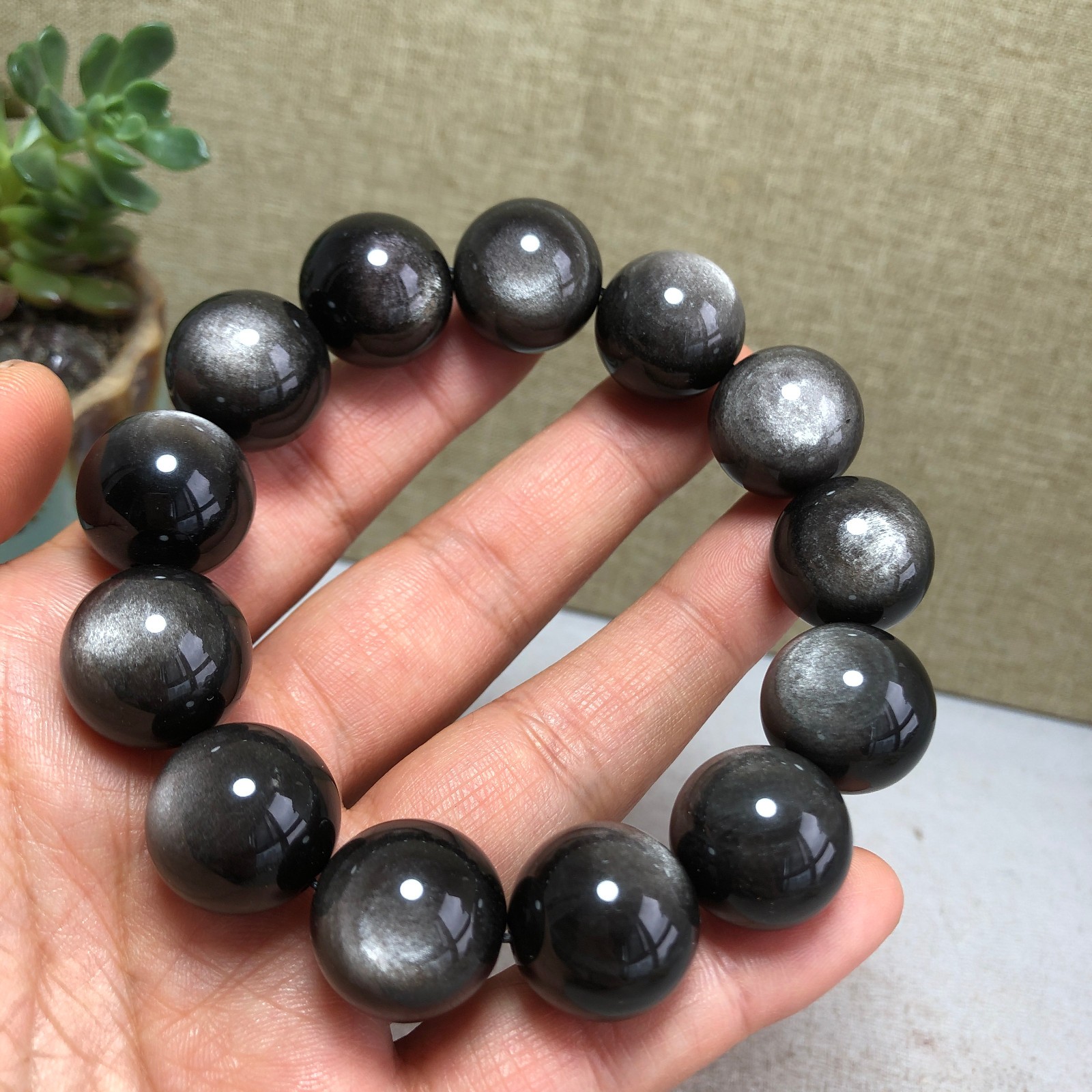 17mm Top Natural silvery obsidian beads Crystal bracelet 89g A4750