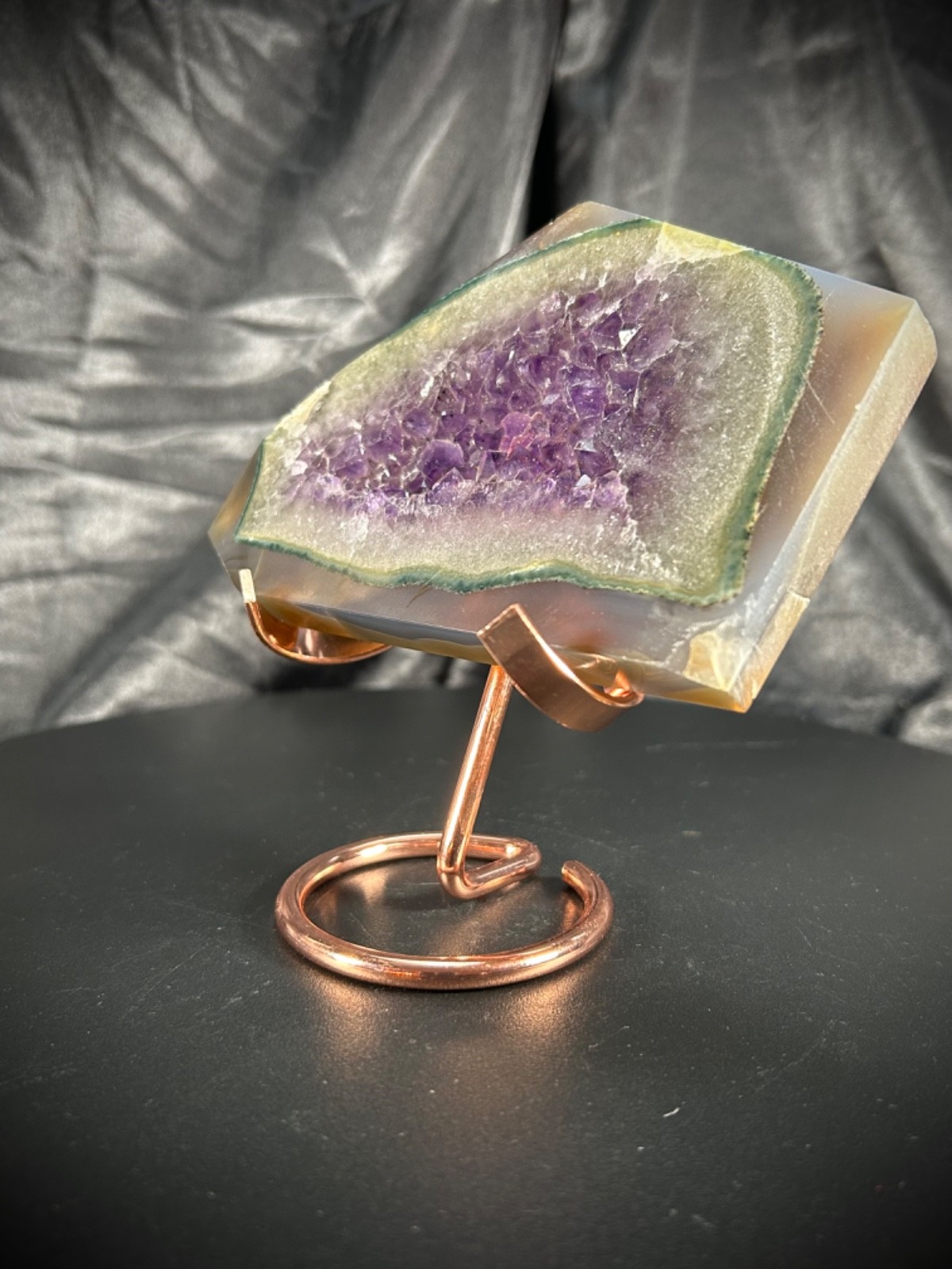 5.47″ Pretty Agate And Amethyst Slab Freeform With Metal Stand 9.6oz (270 grams)