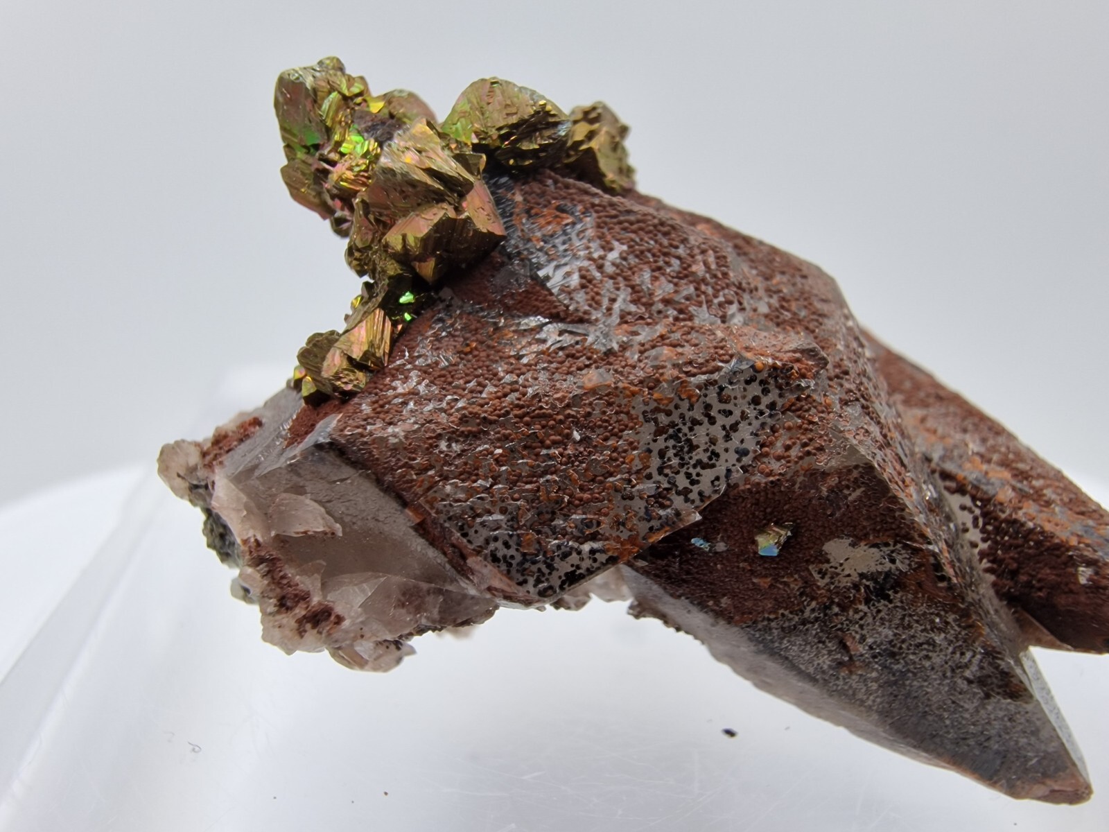 Chalcopyrite crystals, Calcite crystal w Hematite , Pea ridge Mine Missouri USA