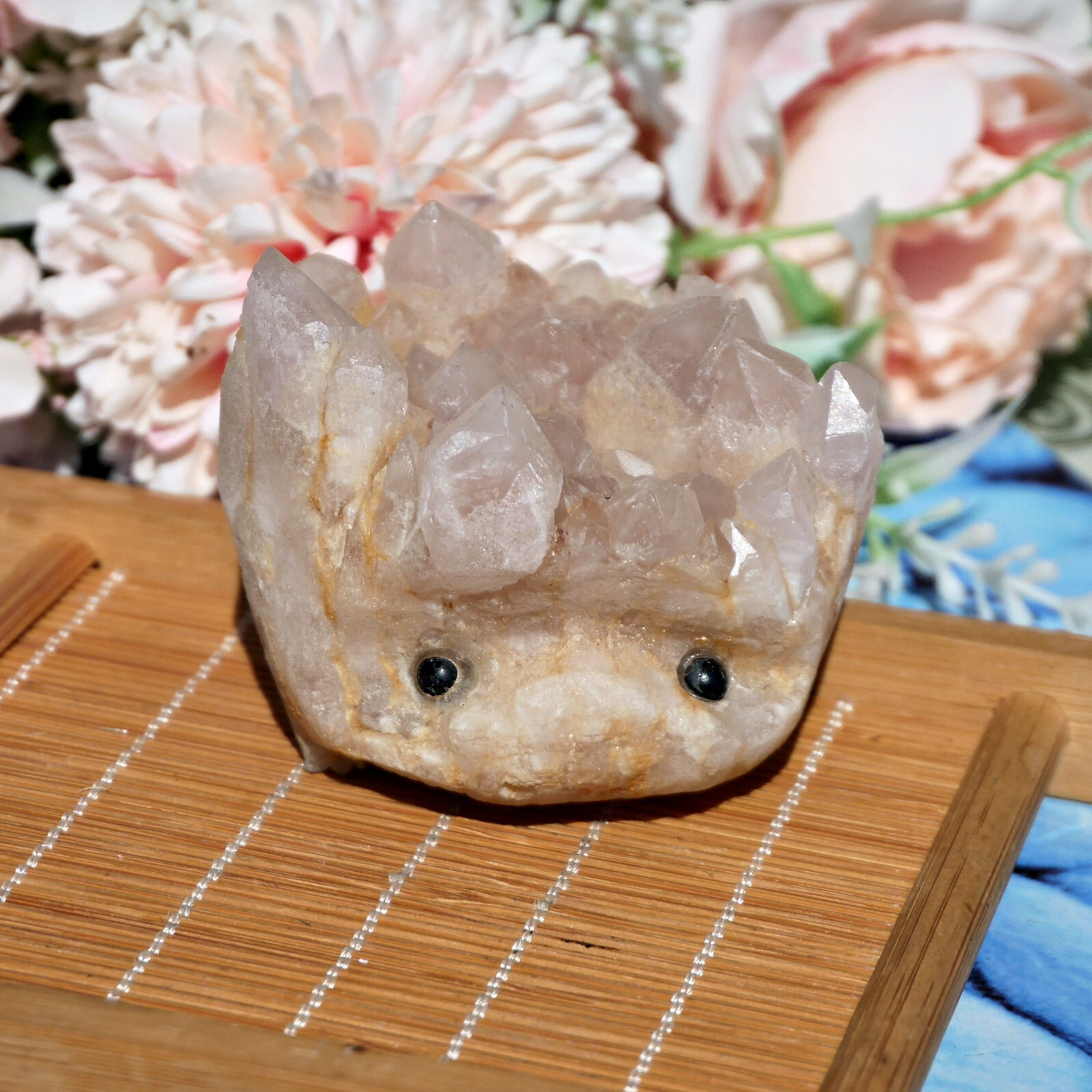 Clear Quartz Crystal Cluster 2.3″ Carved Animal Smiley Face Raw Base Desk Decor