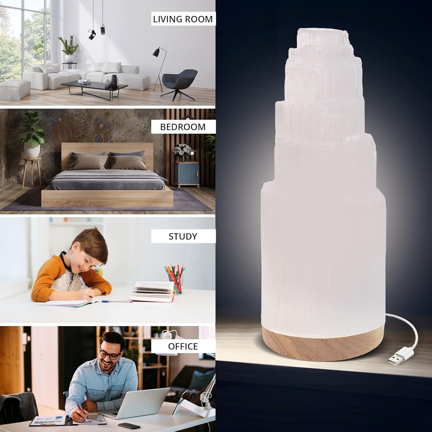 Selenite Crystal Lamp 25cm – Natural Moroccan Healing Stone | USB Powered Nig…
