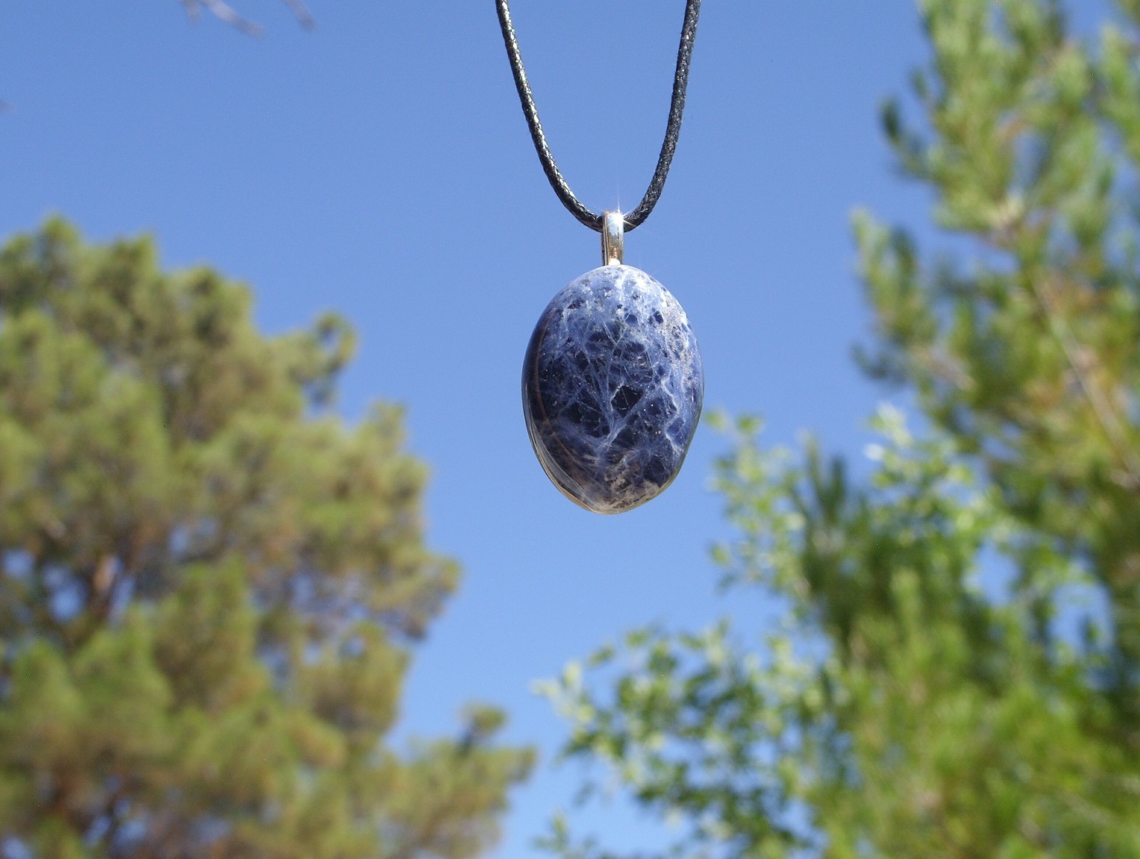 Sodalite Polished Stone Free Form Crystal Pendant Adjustable Cord Necklace