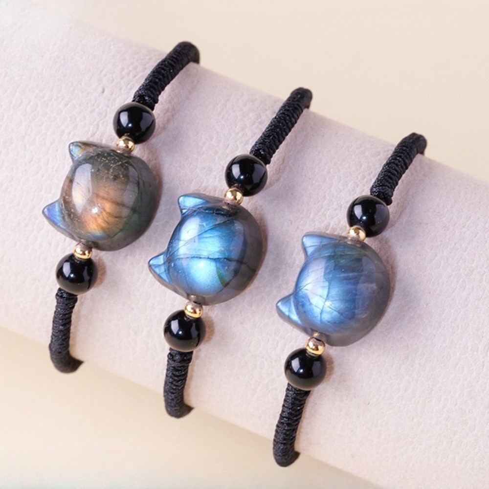 Natural Labradorite Faceless Cat Hand Braided Bracelet Reiki Healing Fashion 1pc