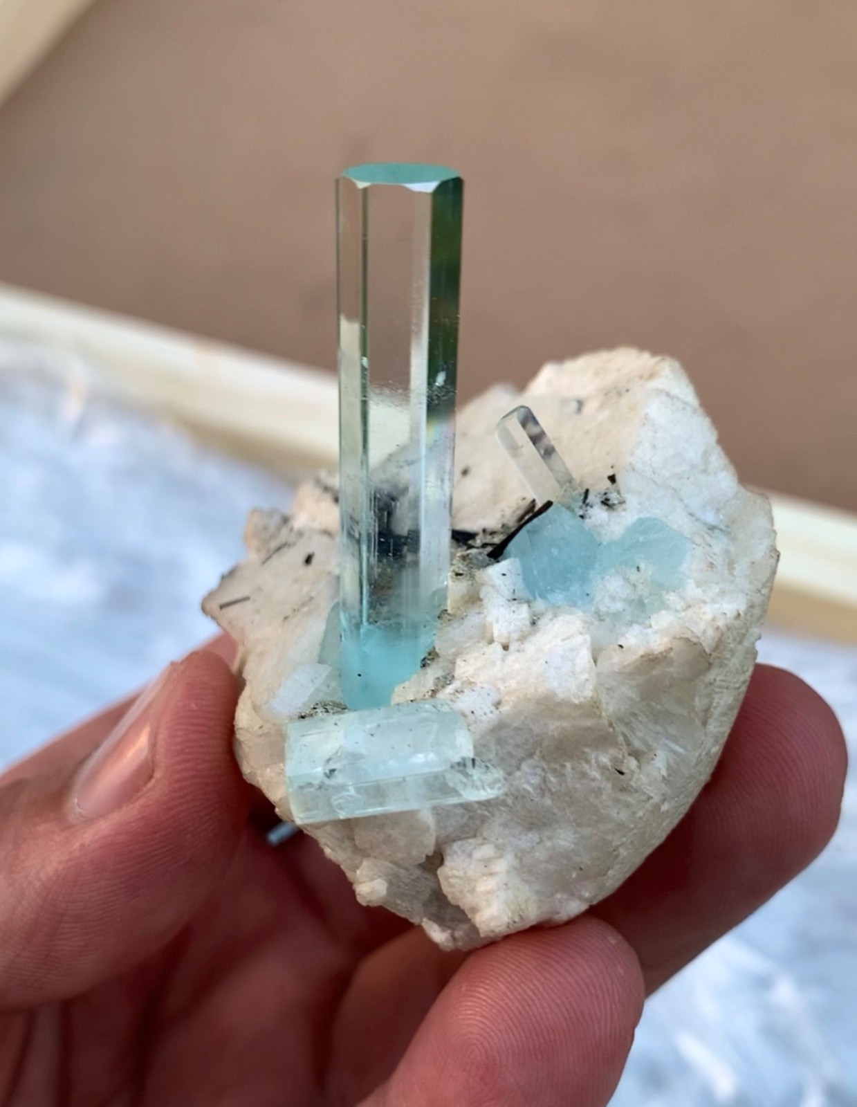 Natural rich blue aquamarine crystal with albite and schorl from skardu,Pakistan