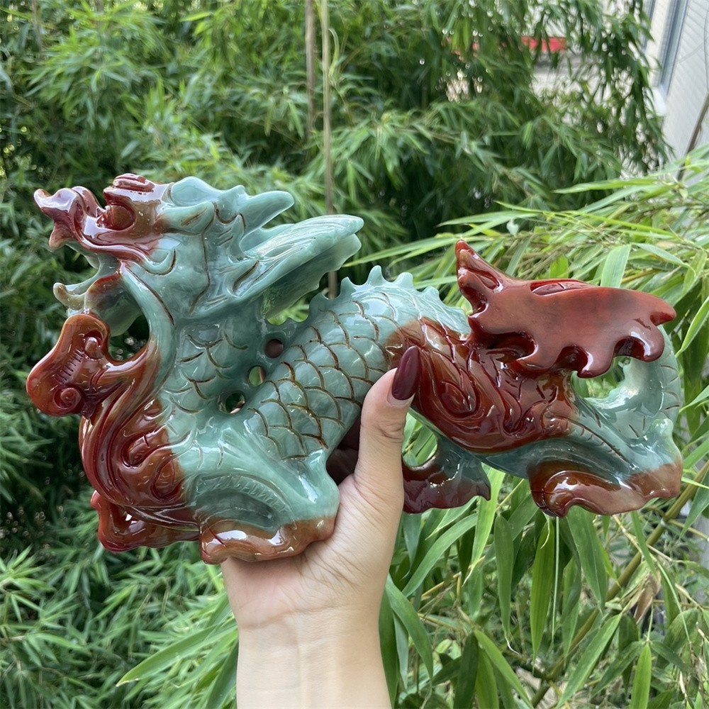 7.4LB 11″ Natural Xiuyan Jade Dragon Decor Crystal Healing Energy Carving Statue