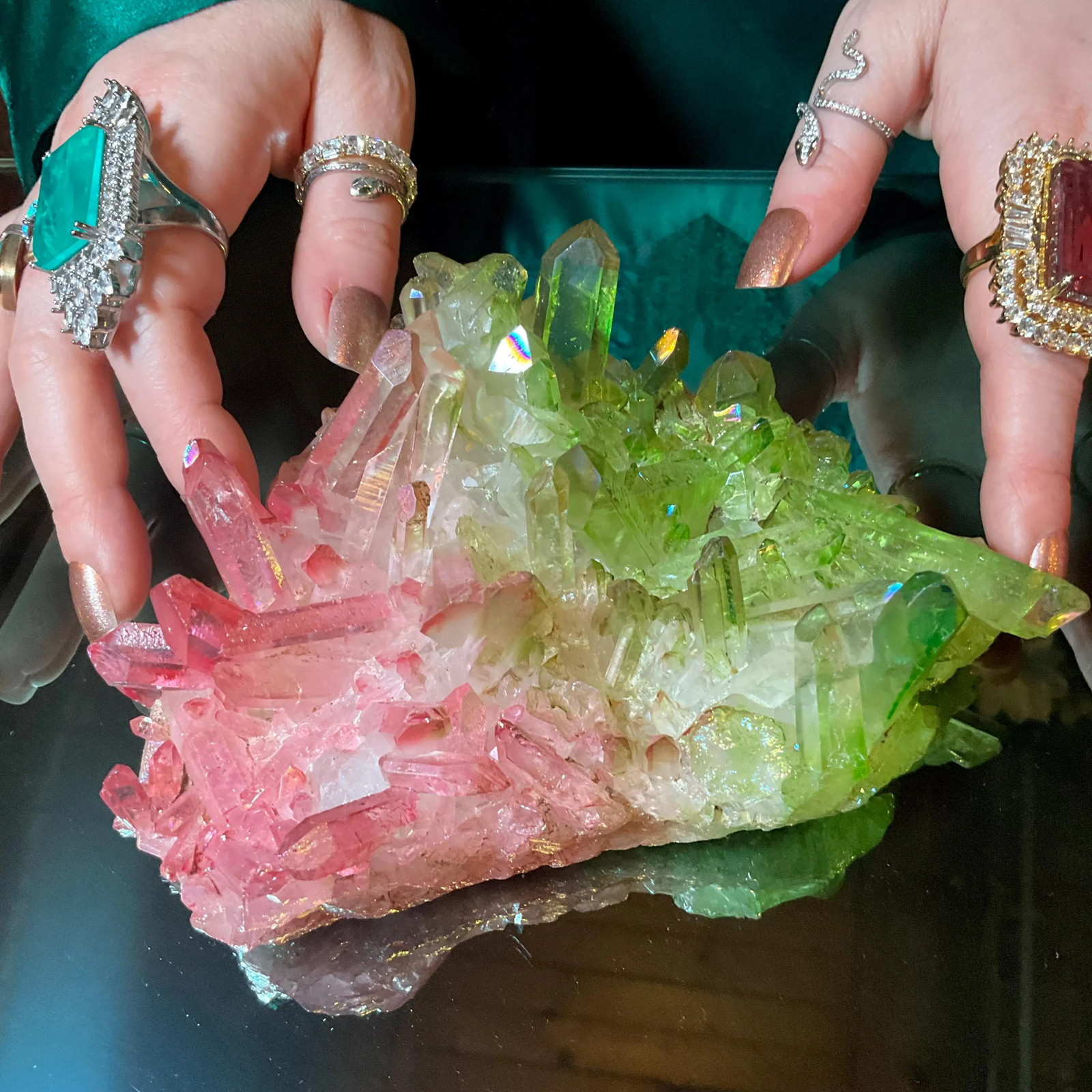 Pink & Green Aura Quartz Crystal Cluster ~ Large 1 Lb. 5 oz. ~ 6″ Long ~ Electr