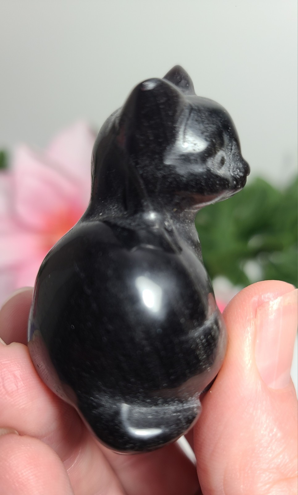 2″ 54g Adorable Silver Sheen Obsidian Sitting Cat Crystal Stone Carving Statue