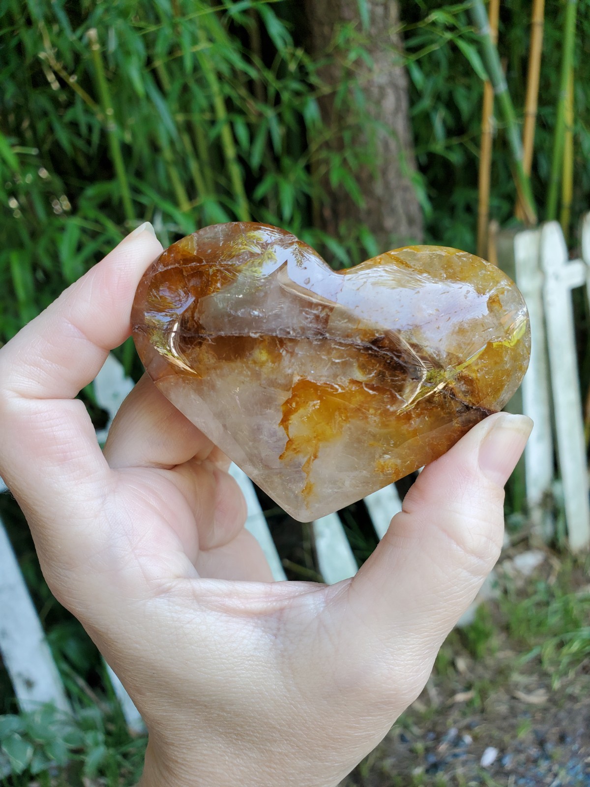 120g Golden Healer Heart Crystal Quartz Stone Carving Video 3 Inches hematoid