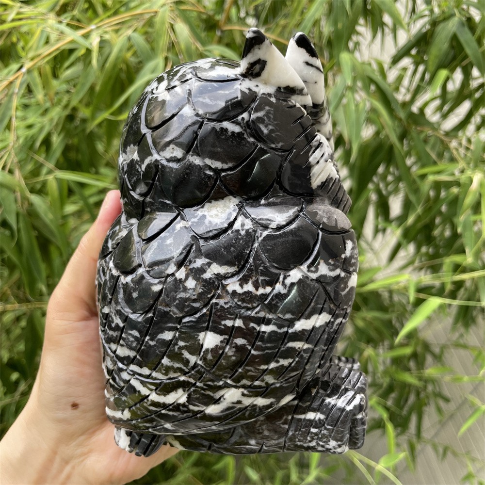 7.1LB 6.1″ Black And White Zebra Jasper Owl Statue Crystal Reiki Carving Decor
