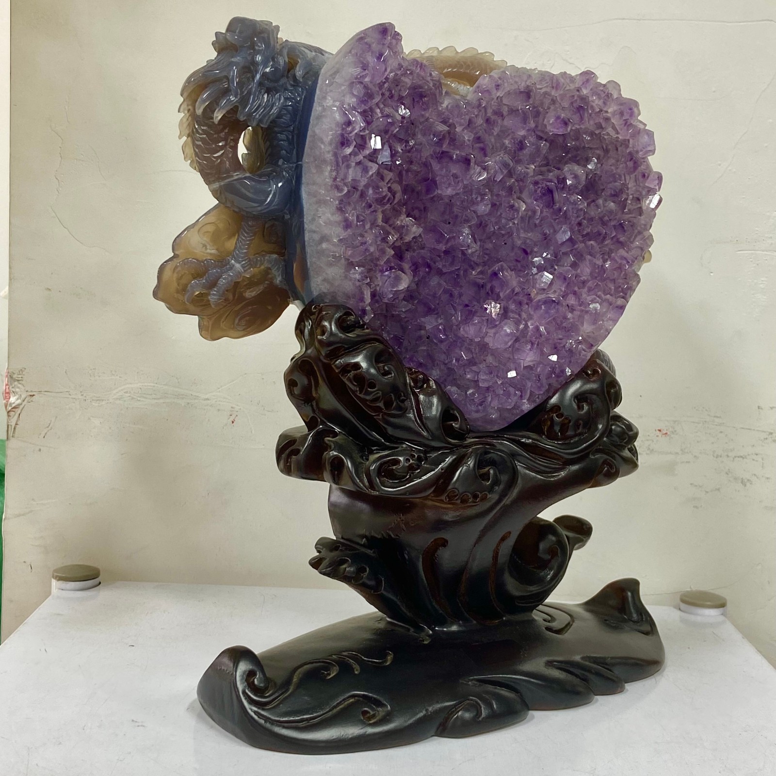 9.21LB Rare Natural Uruguay Amethyst Geode Quartz Crystal agate Carved Dragon