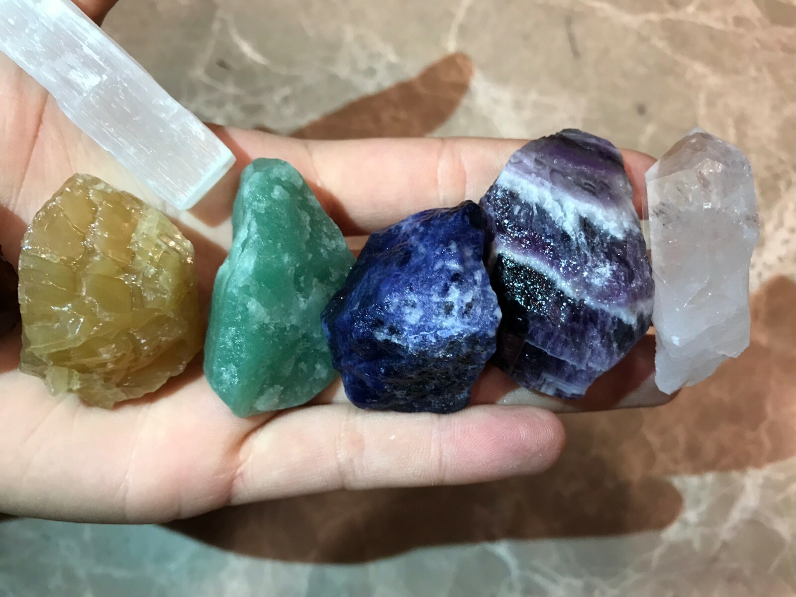 Large Chakra Stones Set: 7 Rough Crystals & Raw Selenite 3/4 Lb+ (CHARGED ROCKS)