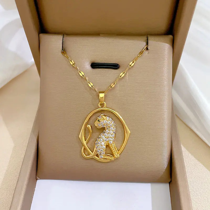 Women’s Fashion Jewelry Cubic Zircon Gold Leopard Pendant Necklace 1PC