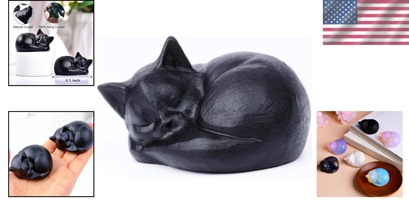 Black Obsidian Cat Crystal Statue – Lucky Healing Gem for Home & Office