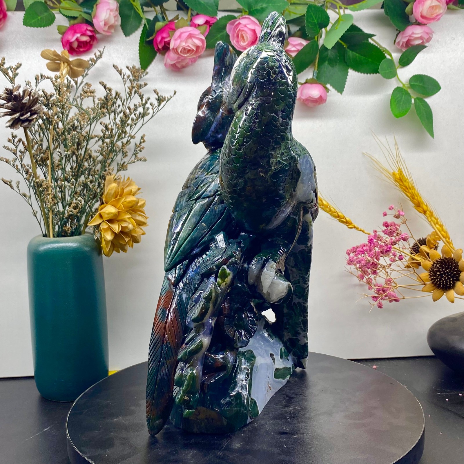 7.71LB Natural blue pattern quartz hand carved flower magpie crystal restoration