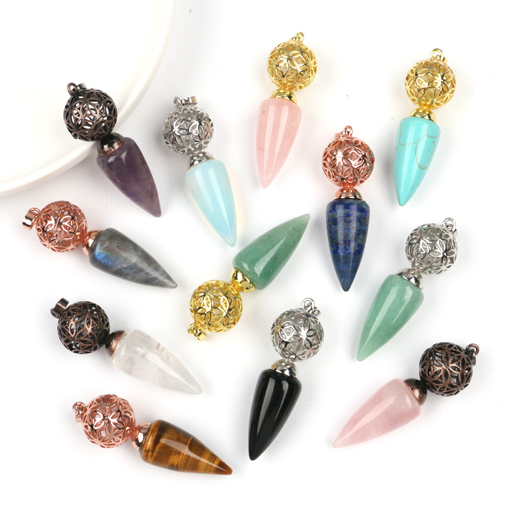 1pc Bullet Cone Crystal Chakra Chain Pendulum Quartz Stone Metal Dowsing Pendant