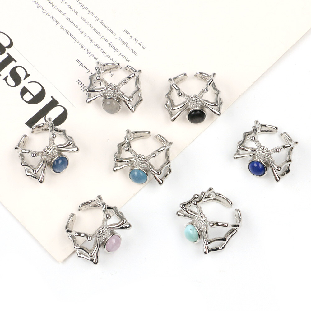 1pc Adjustable Chakra Crystal Spider Rings Gemstone Round Bead Quartz Jewerly