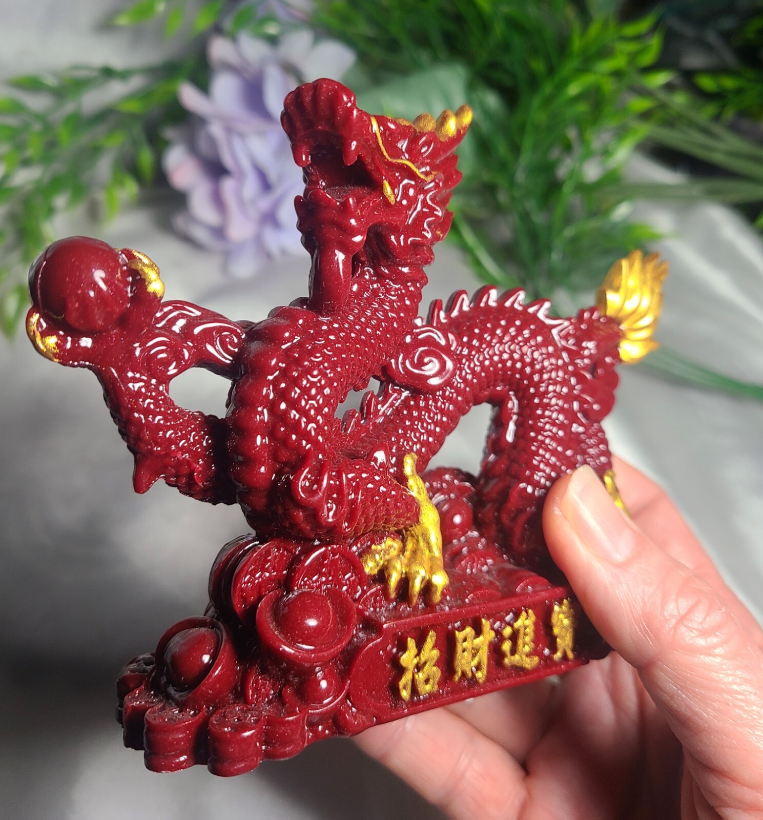 5.7″ Full Body Cinnabar Chinese Dragon w/ Sphere Crystal Stone Carving Statue