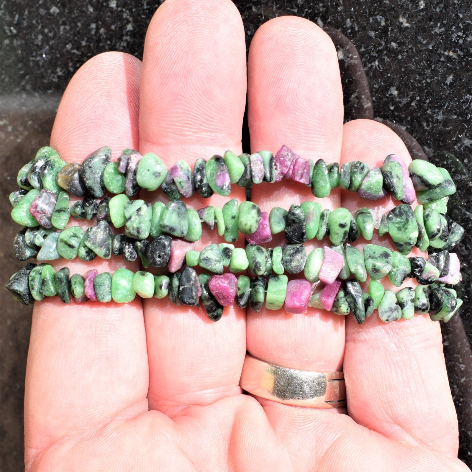 Premium Natural Ruby Zoisite Crystal Chip Stretchy Bracelet + Selenite Heart