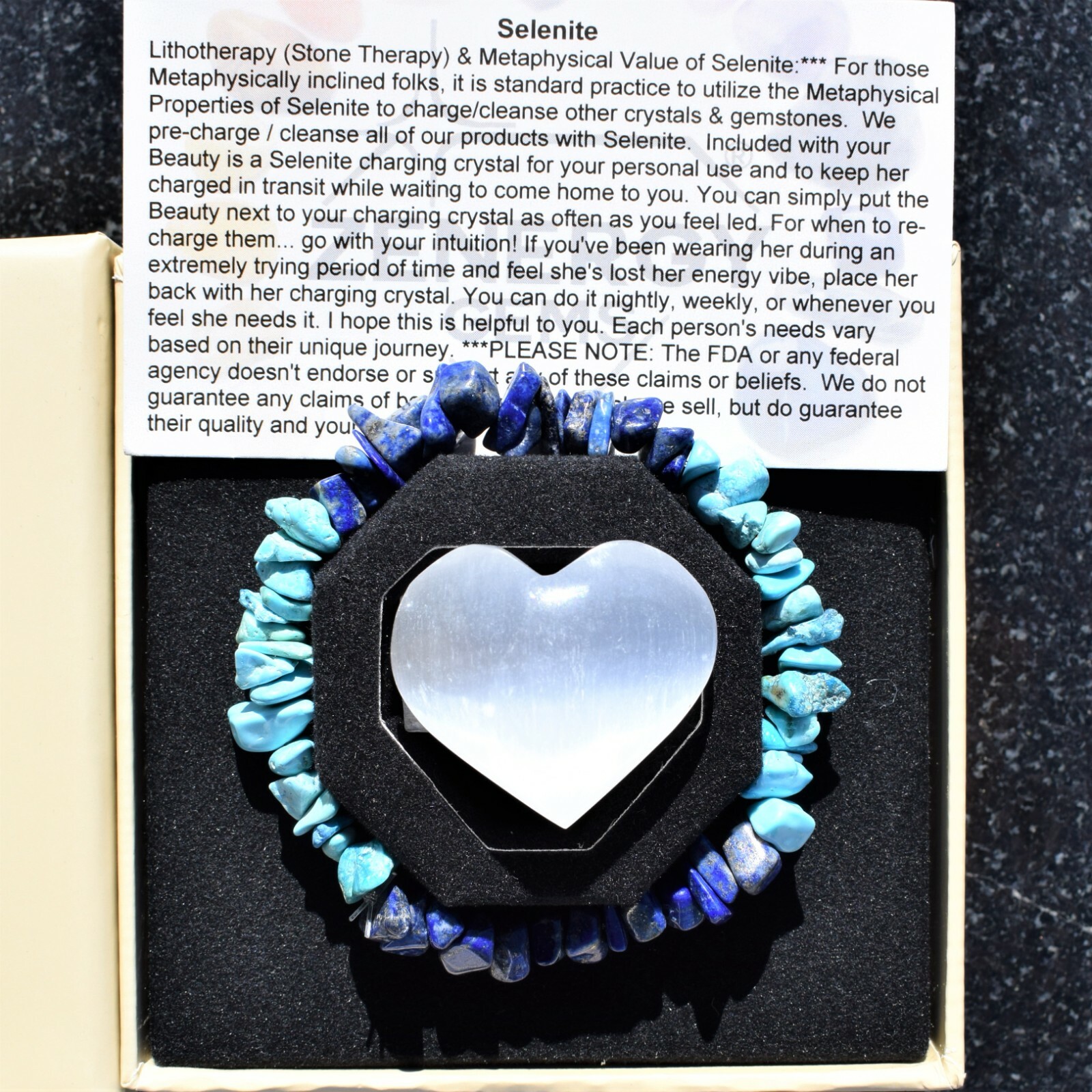 CHARGED Lapis Lazuli & Turquoise Crystal Chip Stretchy Bracelet + Selenite Heart