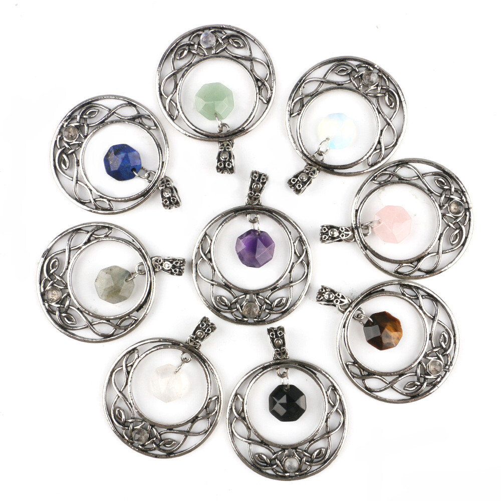 Natural Faceted Crystal Hexagonal Pendant Round Hollow Celtic Knot Beads Chakra