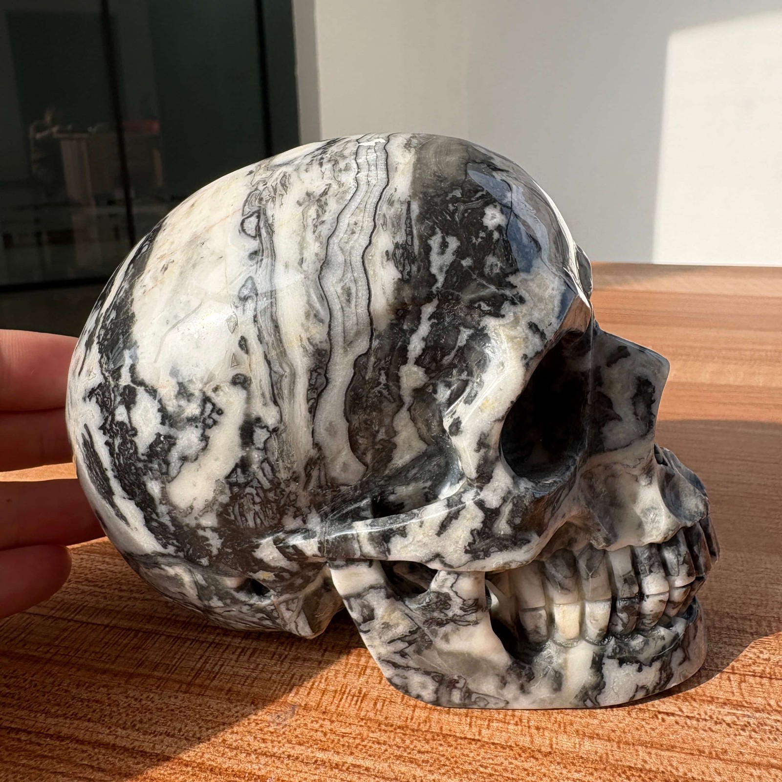 4.1LB 5.1″ Natural Black Zebra Jasper Skull Healing Crystal Reiki Home Decor