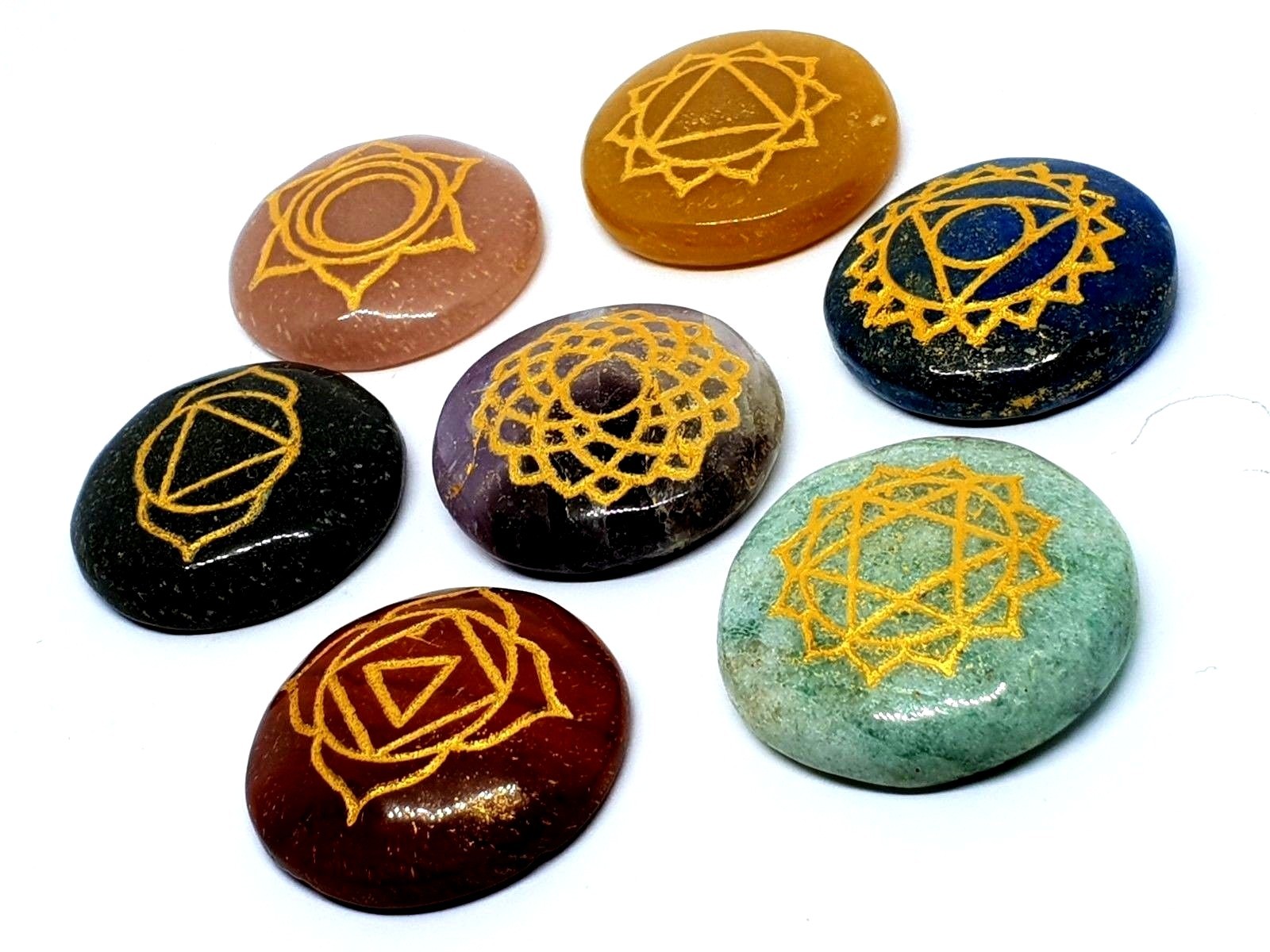 7 Chakra Gemstone Set Genuine Crystal Healing Reiki Round Set Carved Stone & Bag