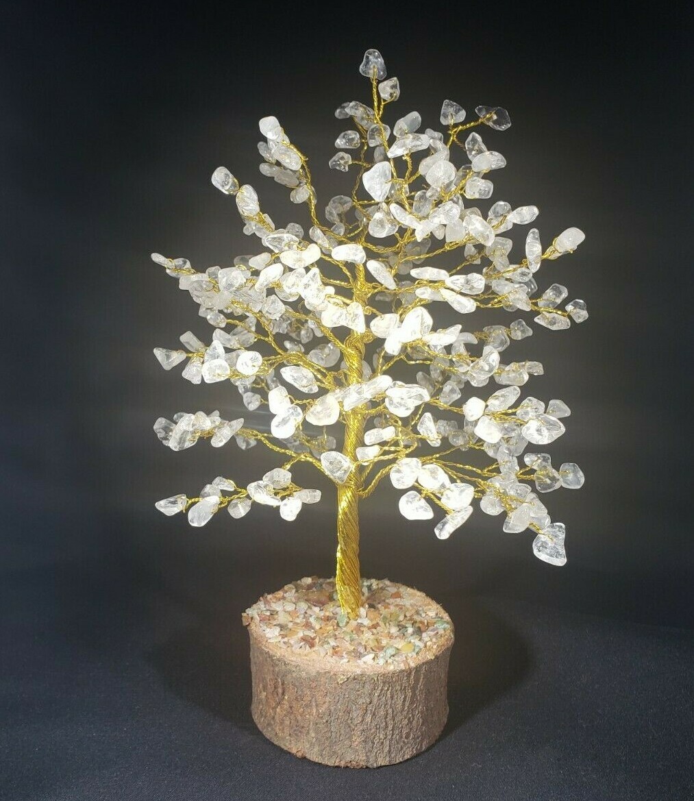 GOLD WIRE CLEAR QUARTZ STEP STYLE GEMSTONE CHIP TREE WITH 300 STONES