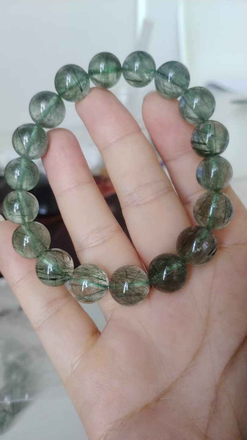 Natural rare Green Rutilated Quartz round Bracelet Adult Collectibles