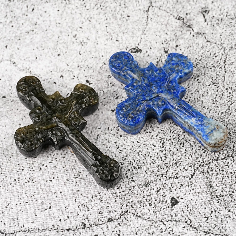 Natural Mixed Crystal Carved Cross Religious Reiki Healing Stone Jewelry Gift