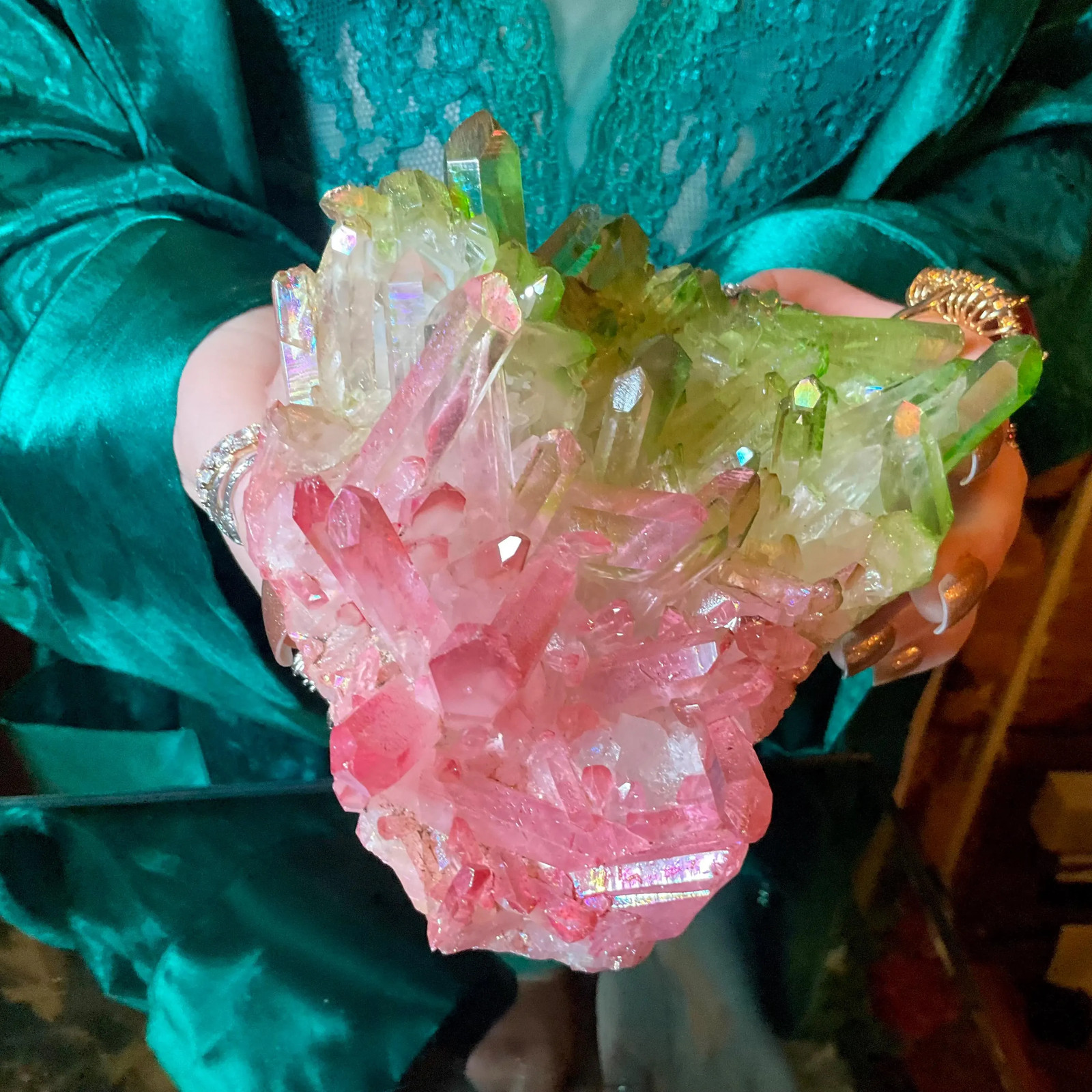 Pink & Green Aura Quartz Crystal Cluster ~ Large 1 Lb. 5 oz. ~ 6″ Long ~ Electr