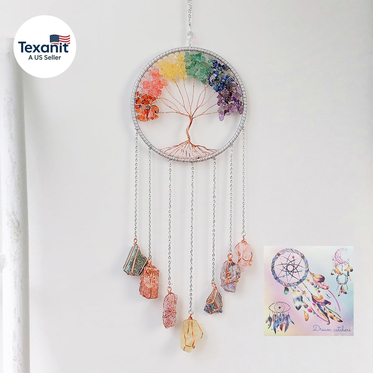 Tree of Life Dream Catcher 7 Chakra Crystal Gemstone Wall Hanging