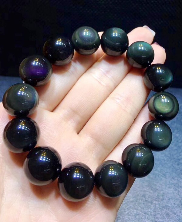 16mm Natural Rainbow Black Obsidian Gemstone Round Beads Stretch Bracelet
