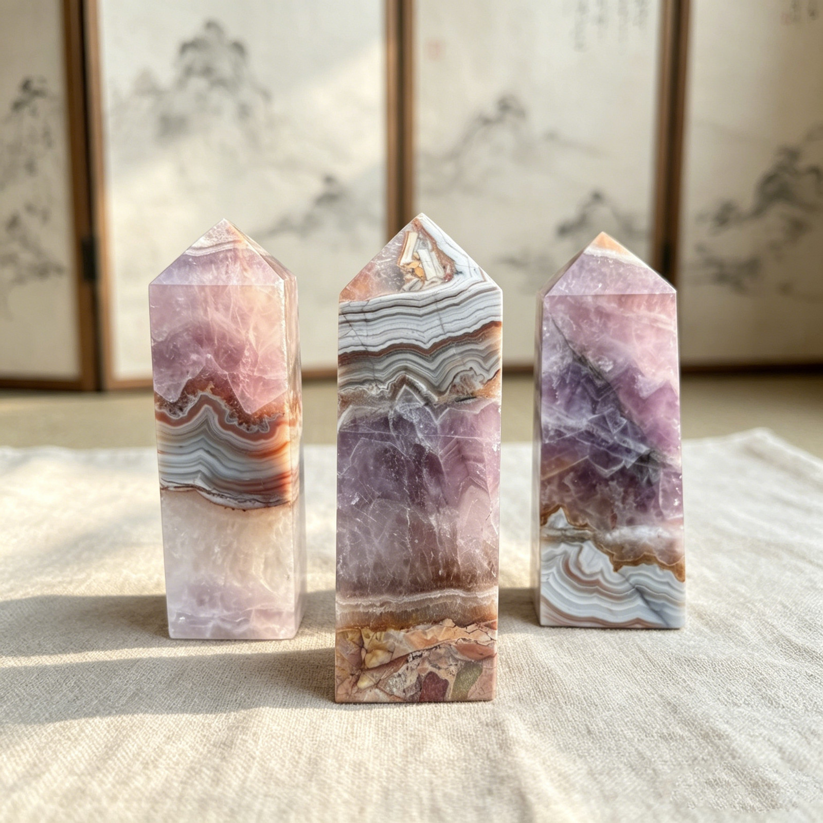 Natural Amethyst & Banded Agate Crystal Tower Obelisk Healing Wand Home Decor
