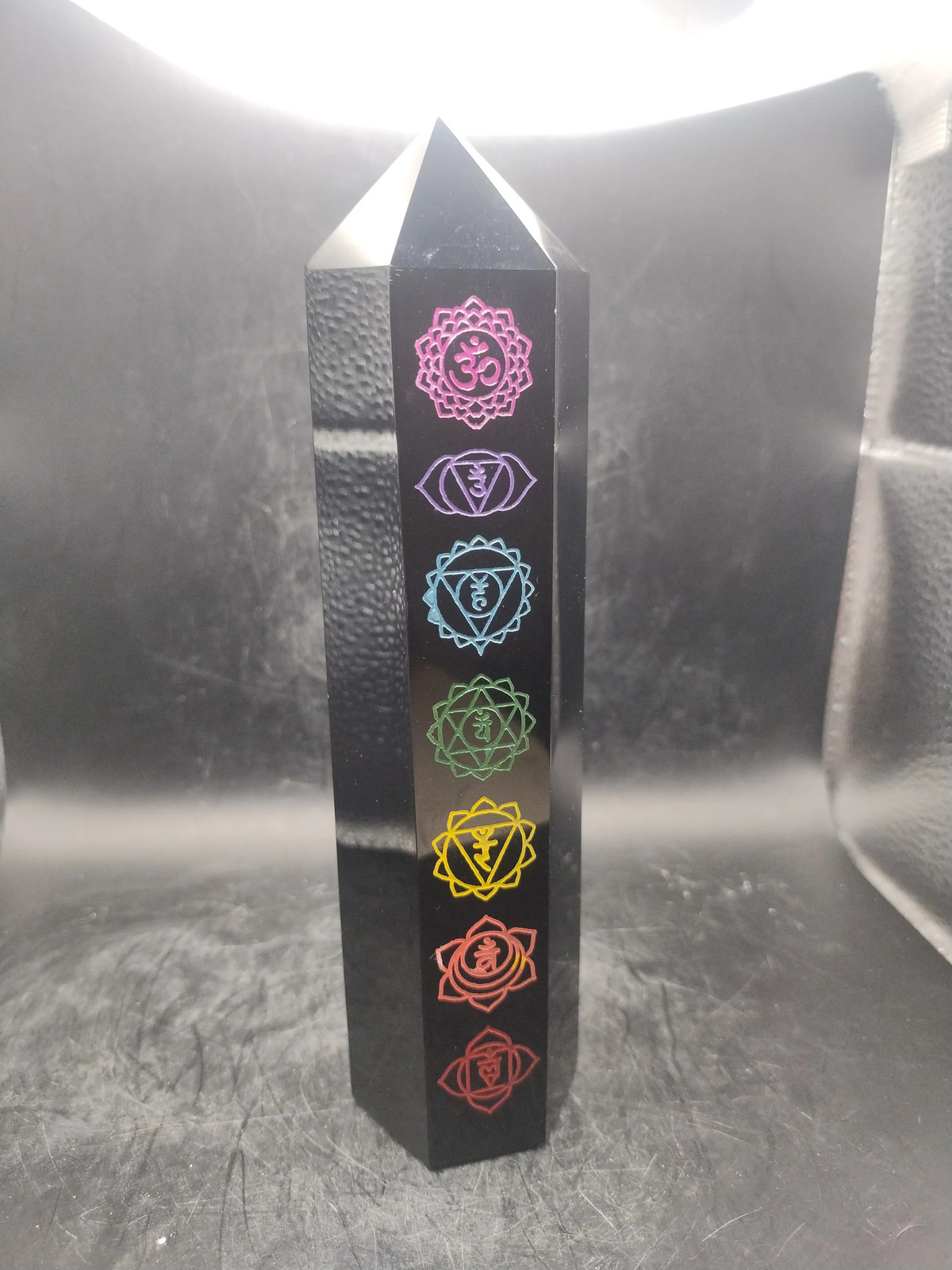 Large 7 chakra black obsidian tower! 7 inches tall, 1.2 pounds!