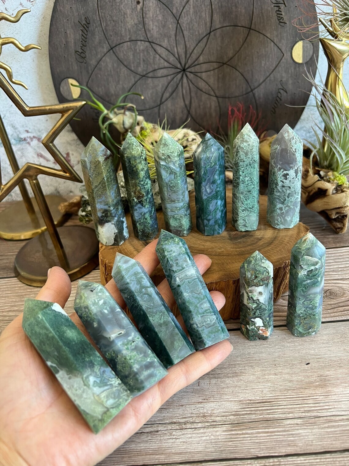 3” Natural Moss Blossom Agate Point Obelisk Green Crystal Wand Tower Decoration