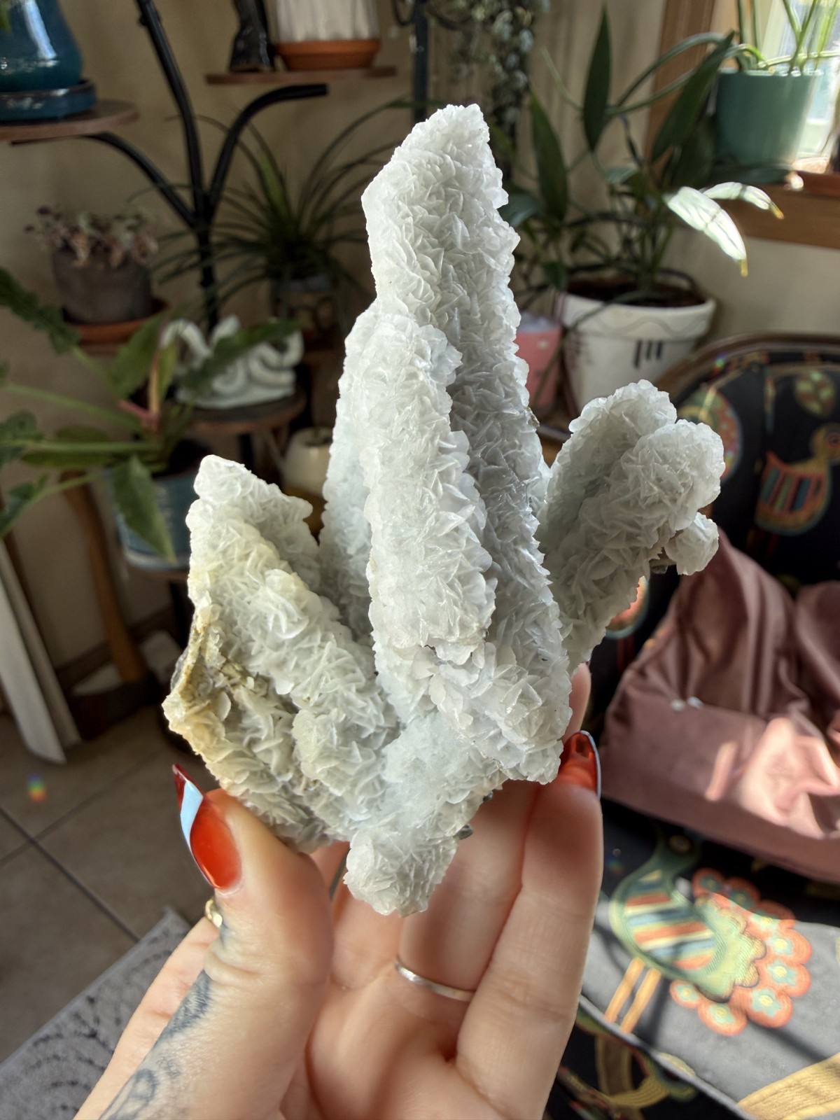 Green Chlorite Quartz Cluster with White Petal Calcite – Inner Mongolia, China