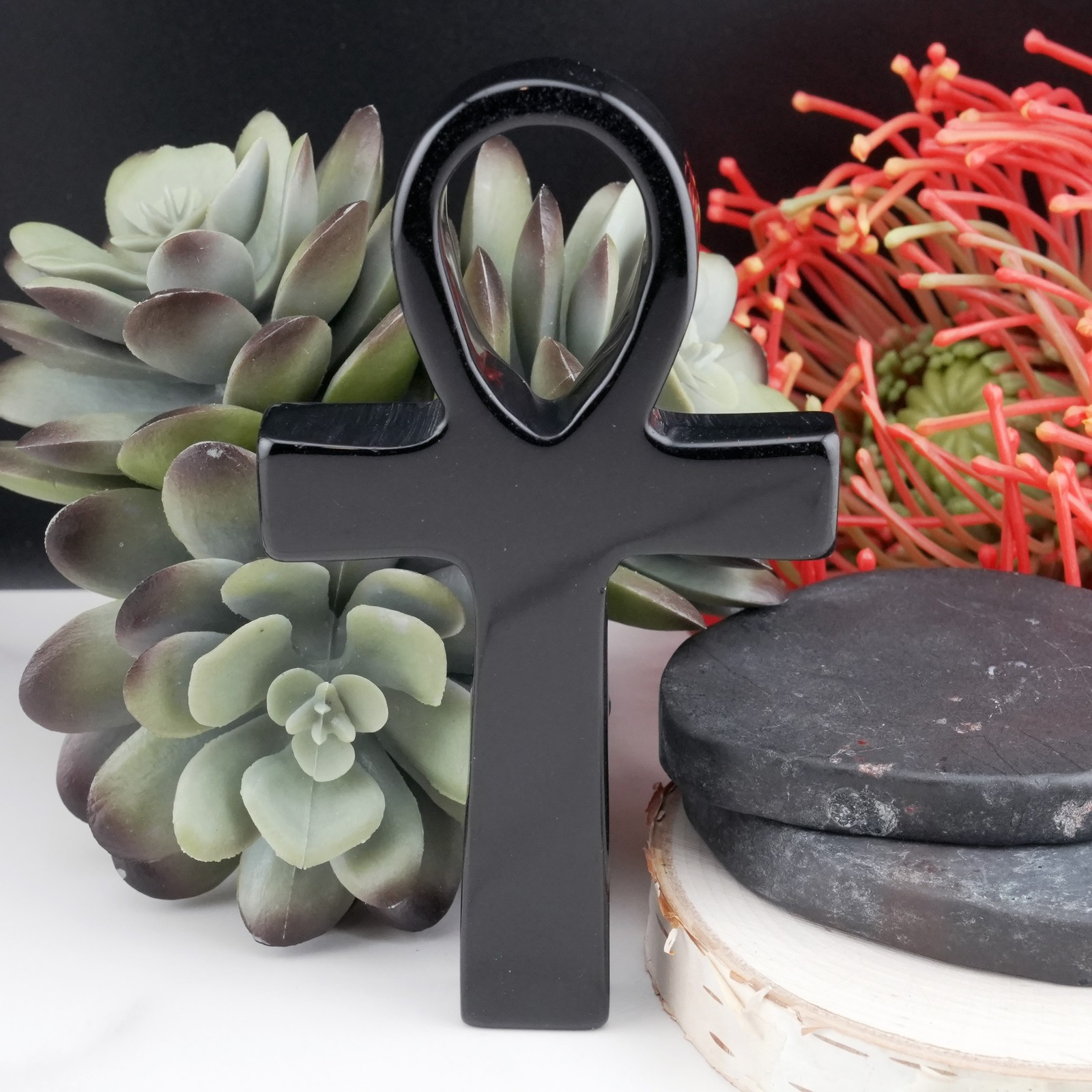 Obsidian Ankh Spiritual Protection Crystal Gift Black Stone Energy Altar Decor