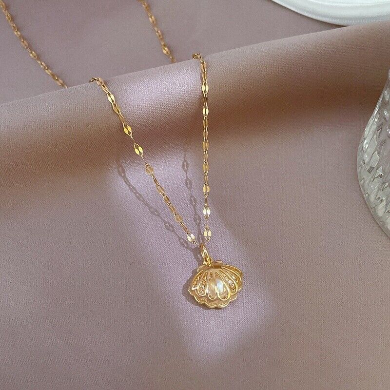 Women’s Fashion Jewelry Gold Cubic Zircon Sea Shell Pearl Pendant Necklace 1PC